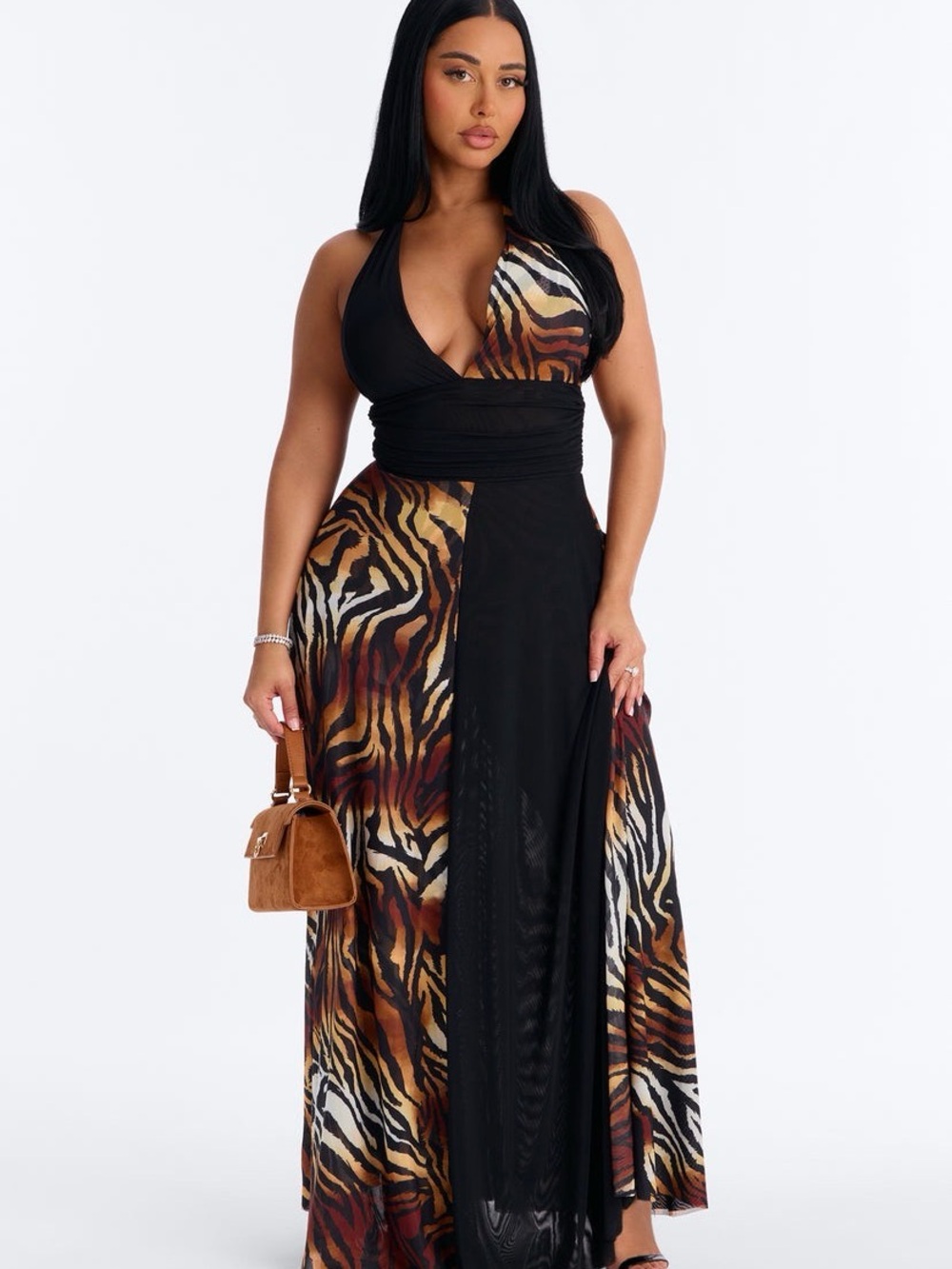 FASHION NOVA Sleeveless V-Neck Animal Print Maxi Dress - Black & Brown